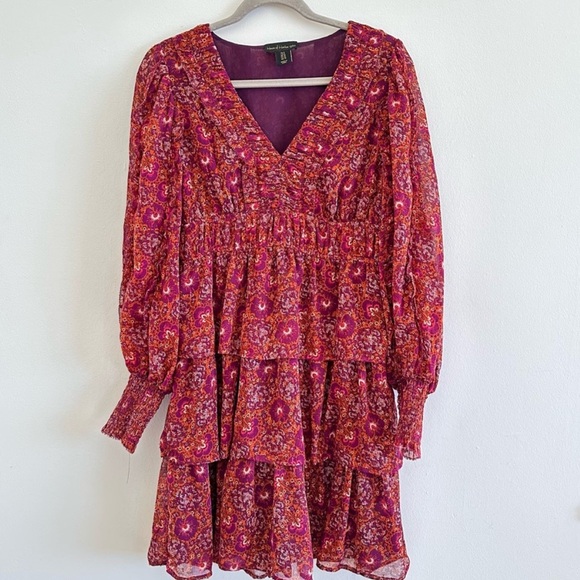 House Of Harlow 1960 Red Floral SmockedCuff Surplice Neck Tiered Ruffle Dress 10 - Picture 4 of 16